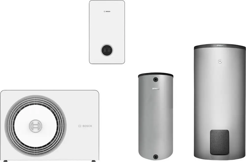 Bosch Luftwärmepumpen-Paket mit Außeneinheit, Innenterminal und zwei unterschiedlich großen Speichern in grau und weiß, zur Heizungsinstallation in Wohnräumen.